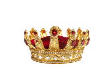 Ornate gold crown with red gems isolated on transparent background