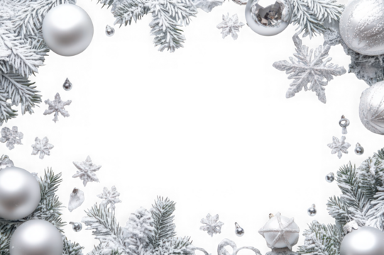 Silver christmas frame with snow branches isolated on transparent background