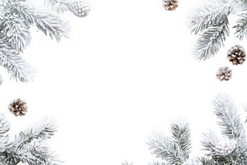 Snow covered pine branches and cones frame isolated on transparent background