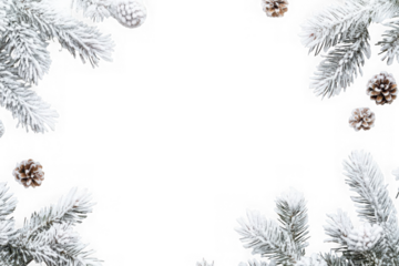 Snow covered pine branches and cones frame isolated on transparent background