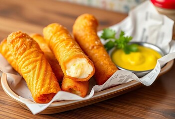 Golden-brown fried tequenos, classic Venezuelan cheese sticks,  cheese,   meal