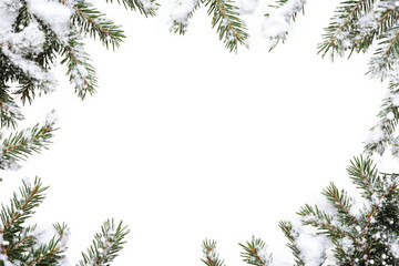 Snow covered pine branches frame isolated on transparent background