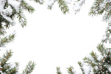 Snow covered pine branches frame isolated on transparent background