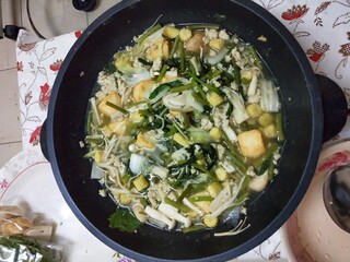 Thai Vegetable Soup with Tofu and Minced Pork in Hot Pot