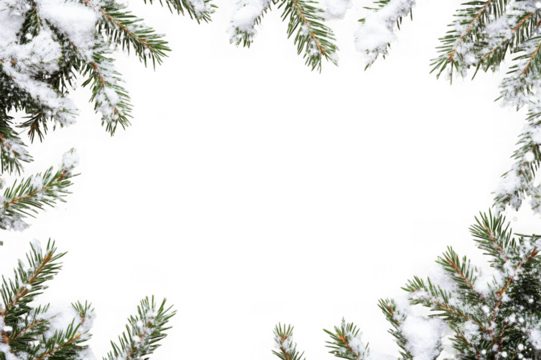 Snow covered pine branches frame isolated on transparent background