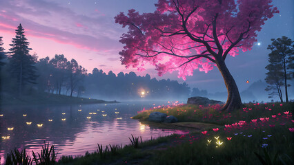 Enchanting Twilight Scene with Cherry Blossom Tree