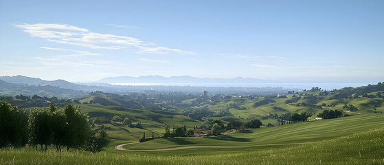 Obraz premium Panoramic View Of Hills Valley And Distant Cityscape