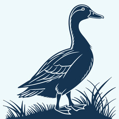 Silhouette of a duck standing on grass near reeds, black and white vector illustration of waterfowl in nature, ai generator
