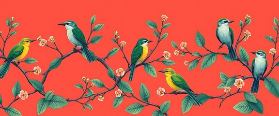 Birds branches flowers leaves nature wildlife avian flora fauna botanical tropical art