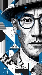 A stylized portrait of a man with glasses and a hat, featuring intricate line work and geometric patterns in blue and black. The artwork combines realism with abstract elements.