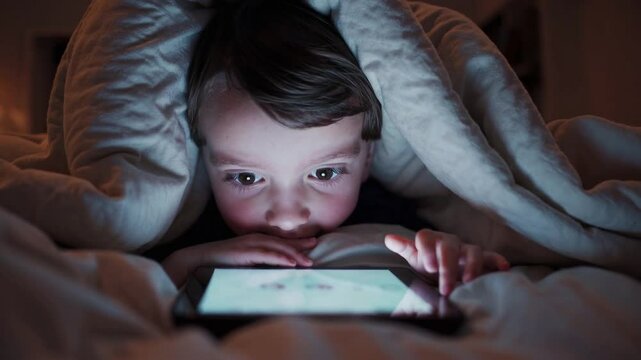 Child hides under blanket at night, secretly watching social media on tablet. Glowing screen lights face. Intimate, cinematic shot with moody low-key lighting