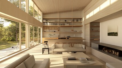 neutral-toned living space with open shelving and natural light.