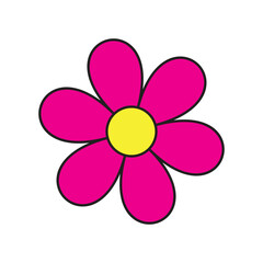Bright Pink Cartoon Flower with Yellow Center and White Background