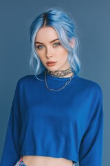 A young woman with blue hair and striking blue eyes, wearing a blue cropped sweater mockup and layered necklaces. The background is a solid blue, creating a harmonious color palette.