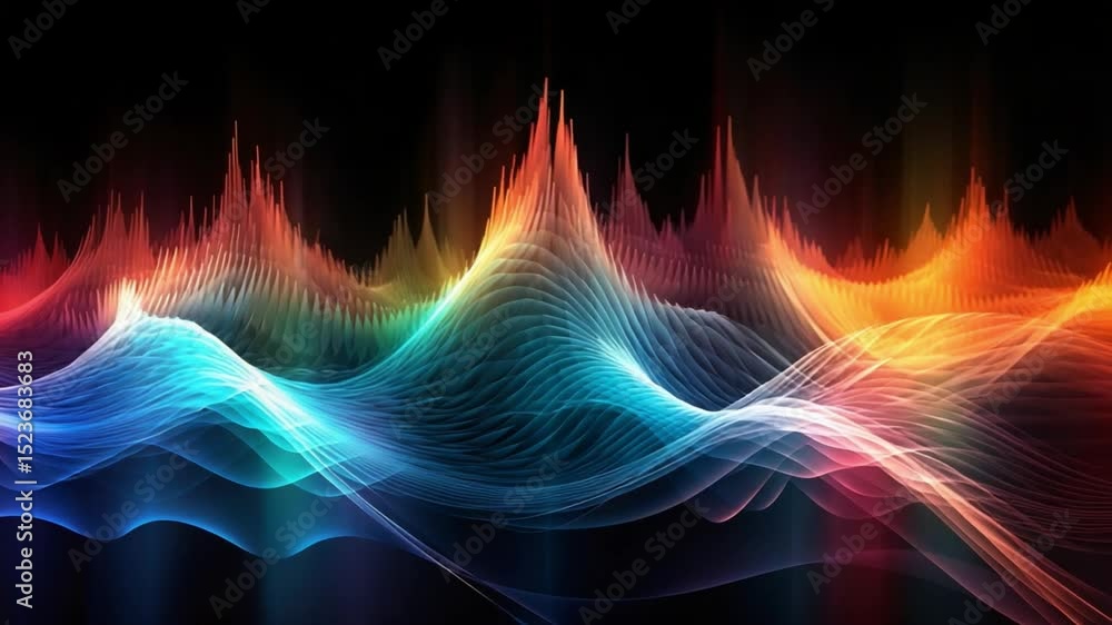Poster colorful waveform visualization: an intricate waveform illustration featuring vibrant spectral hues,