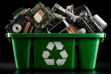 A green recycle bin full of electronic wastes with an isolated dark background, concept of e waste management