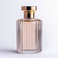 A sleek glass perfume bottle with a golden cap filled with pink liquid