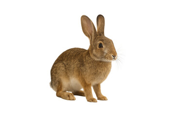 Close-up of a cute brown rabbit sitting isolated on white background, adorable bunny with soft fur and upright ears, perfect for Easter, wildlife, pet, and nature concept images