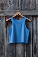 A blue crop top mockup hanging on a wooden hanger against a rustic wooden background. The fabric appears smooth and stretchy, ideal for casual wear or athletic activities.