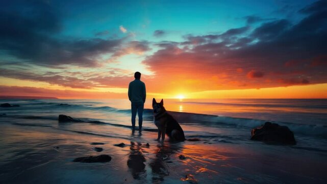 Sunset Serenity: A silhouette of a man and his loyal canine companion stand side-by-side, their forms etched against the breathtaking canvas of a fiery sunset over the tranquil ocean.