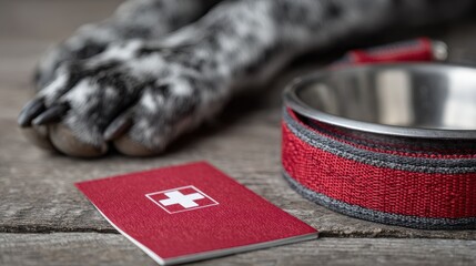 Essential pet safety kit featuring medical guide, collar, and paw on wooden surface ready for emergencies. National Pet Fire Safety Day