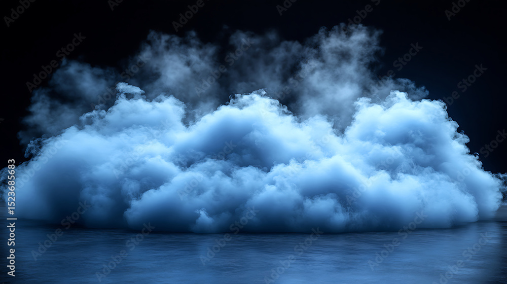 Poster dense accumulation of blue clouds with steam on a dark background and reflections below
