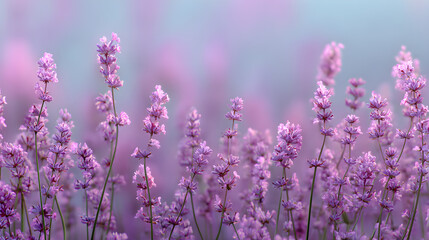 Naklejka premium A field of lavender flowers in bloom with a soft focus background of purple and light blue colors