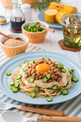 【納豆と山芋の冷製パスタ】しっかり冷やした麺をスタミナ満点の納豆・山芋・オクラで楽しむ冷製パスタです。