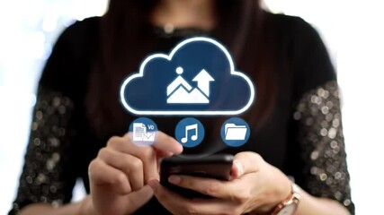 Close-up of Hands Using Smartphone with Animated Cloud Technology Interface. Digital Data Storage, File Transfer, and Mobile Connectivity Concept. - Powered by Adobe