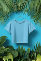 A light blue cropped t-shirt mockup hanging against a vibrant turquoise background, surrounded by lush green tropical leaves and palm fronds.