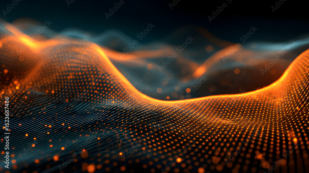 Poster abstract wave pattern with orange dots on a dark background creating a futuristic design