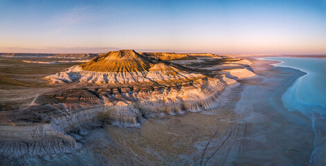 Aerial panorama image with drone over the Tuzbair salt marsh in morning sunrise, Mangystau, western...