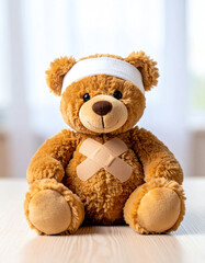 Obraz premium A cute teddy bear with a bandage on its head and crossed plasters on its chest sits on a wooden surface