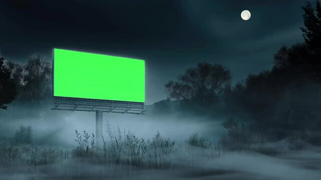 front view green screen billboard on the forest with mist and fog, landscape view, horror scenery, animation looping video background