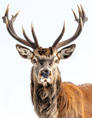 Fototapeta premium A majestic stag with large antlers stands against a bright white background, gazing directly at the camera