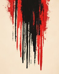 Bold red and black textured paint strokes dripping vertically over a pale beige background 
