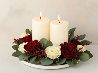 Obraz premium Two burning candles surrounded by a ring of red and white roses and eucalyptus leaves on a white plate. Romantic and peaceful setting. 