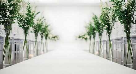 Obraz premium Elegant wedding aisle with green floral arrangements in glass vases creating romantic ceremony atmosphere, symmetry, freshness, and refined marriage celebration style