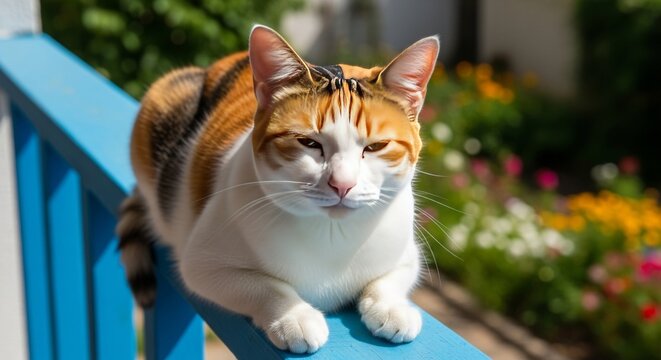 Calico Cat Relaxing on a Blue Railing in a Sunny Garden