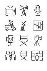 Broadcast media icons set: tv, antenna, microphone, camera, director's chair