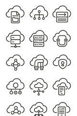 Cloud computing icons set featuring network and data management symbols