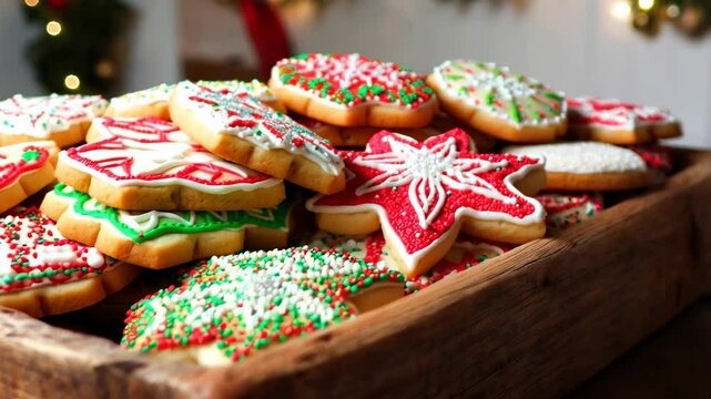 Wooden box filled with Christmas cookies and a wooden tray adorned with icing decoration.