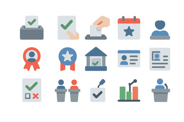 Voting icons set: elections, democracy, checklist, id, podium