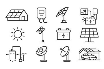 Solar energy icons: panels, batteries, and sustainable solutions