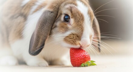 Adorable Lop-Eared Rabbit Enjoying a Fresh Strawberry