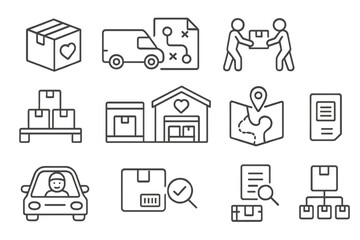 Logistics and delivery icons set on dark background