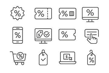 E-commerce discount icons set featuring shopping and percentage symbols