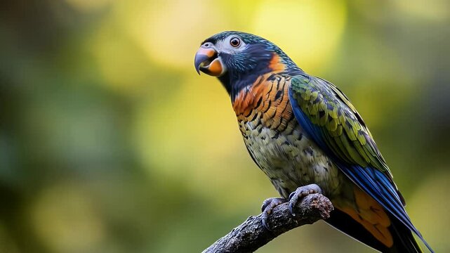 Colorful Parrot Perched on Branch with Yellow Green Bokeh Background Feathers Displaying Intricate Markings