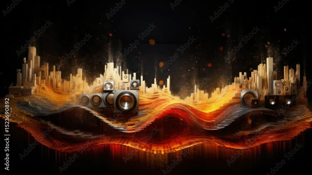Poster audio spectrum cityscape: digital art showing audio frequency spectrum and visualizes sound with a c
