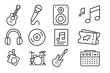 Fototapeta premium Music icons: instruments, notes, and audio equipment on dark background